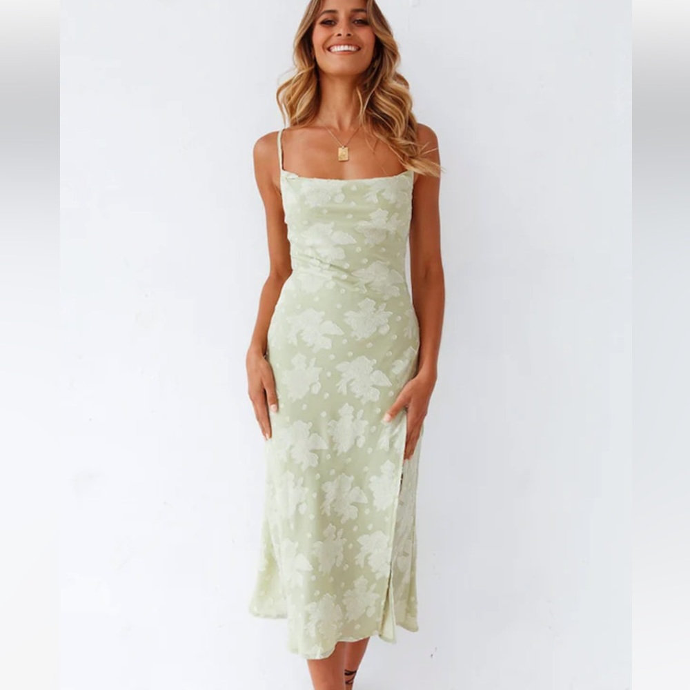ROSEDRESS FLORAL COWL NECK HIGH SLIT SLIP MIDI DRESS - SAGE GREEN
